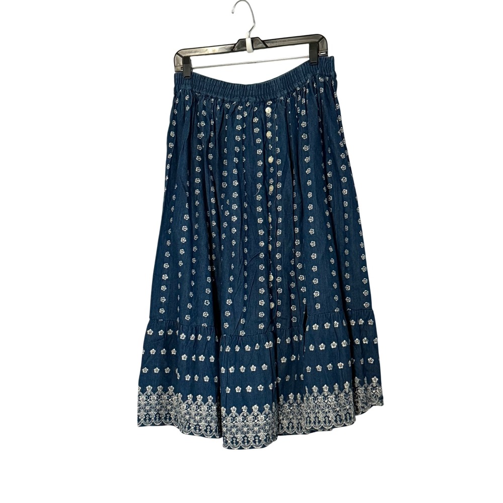 Vintage Khaki Rose Denim Midi Skirt Blue Floral Embroidered Tiered - Medium
